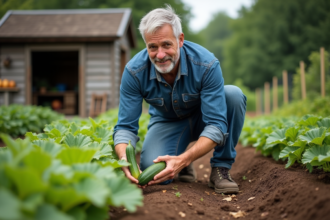 Homme récoltant des zucchinis verts dans un jardin rural