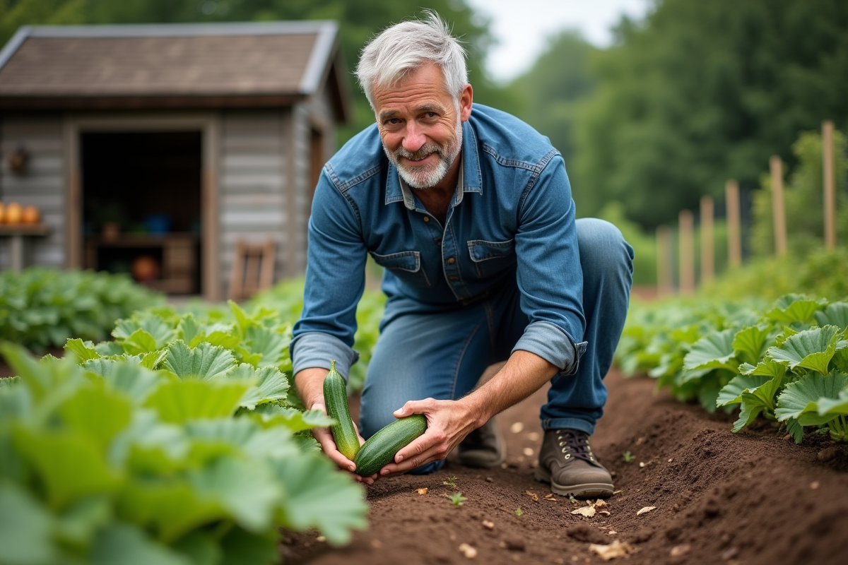Homme récoltant des zucchinis verts dans un jardin rural