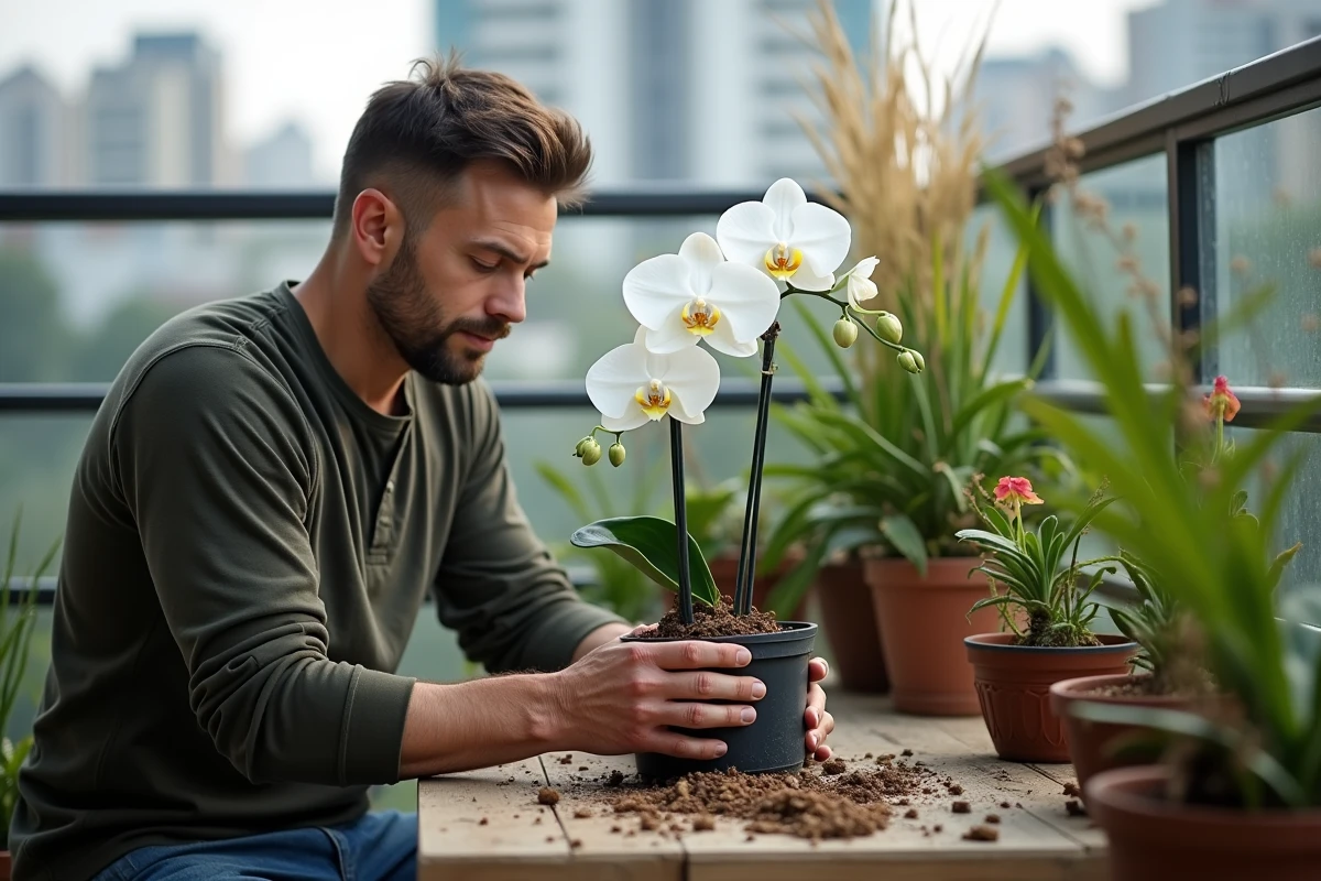 Homme en train de rempoter une orchidée dendrobium en changeant de pot inadapté sur un balcon urbain