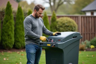 Homme vérifiant la sécurité d'un broyeur de jardin moderne