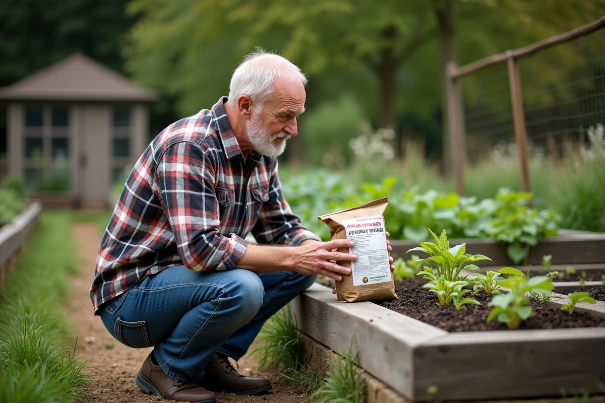 Homme âgé lisant instructions de fertilisant dans le jardin