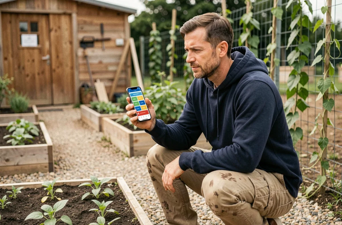 Homme consultant un calendrier d'ateliers jardinage sur smartphone dans un jardin potager communautaire