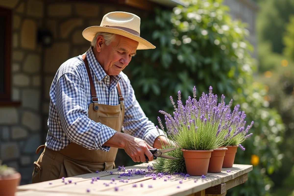 Homme âgé coupe la lavande avec des ciseaux dans son jardin