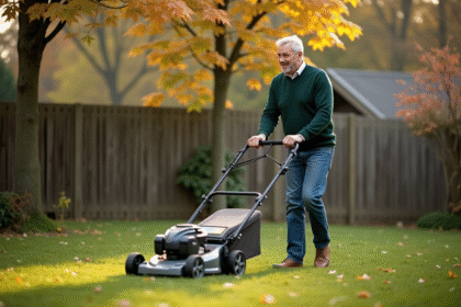 Homme d'âge moyen tondant la pelouse en automne
