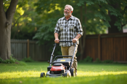 Homme d'âge moyen poussant une tondeuse à gazon dans un jardin verdoyant