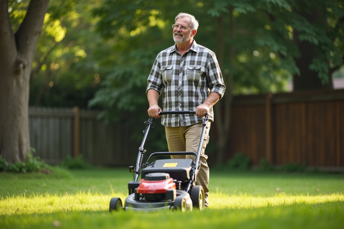 Homme d'âge moyen poussant une tondeuse à gazon dans un jardin verdoyant