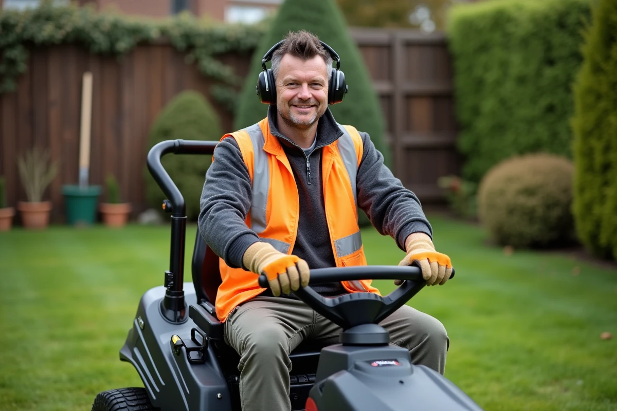 Homme d'âge moyen avec casque de sécurité sur une tondeuse dans le jardin