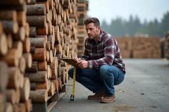 Homme d'âge moyen en jeans et flanelle note la pile de bois