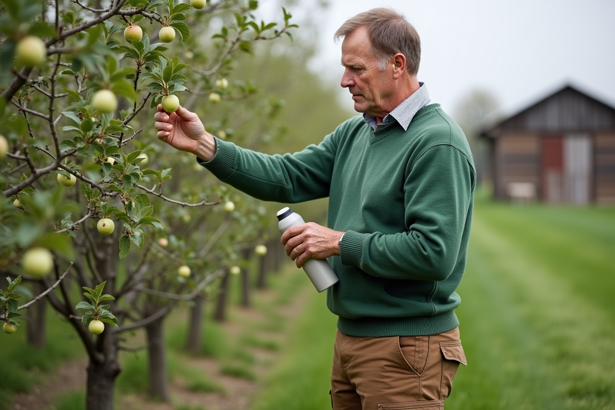 Homme inspectant un pommier en verger avec engrais liquide