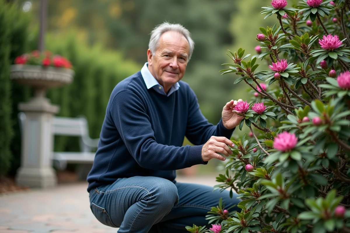 Homme âgé inspectant un rhododendron dans un parc botanique