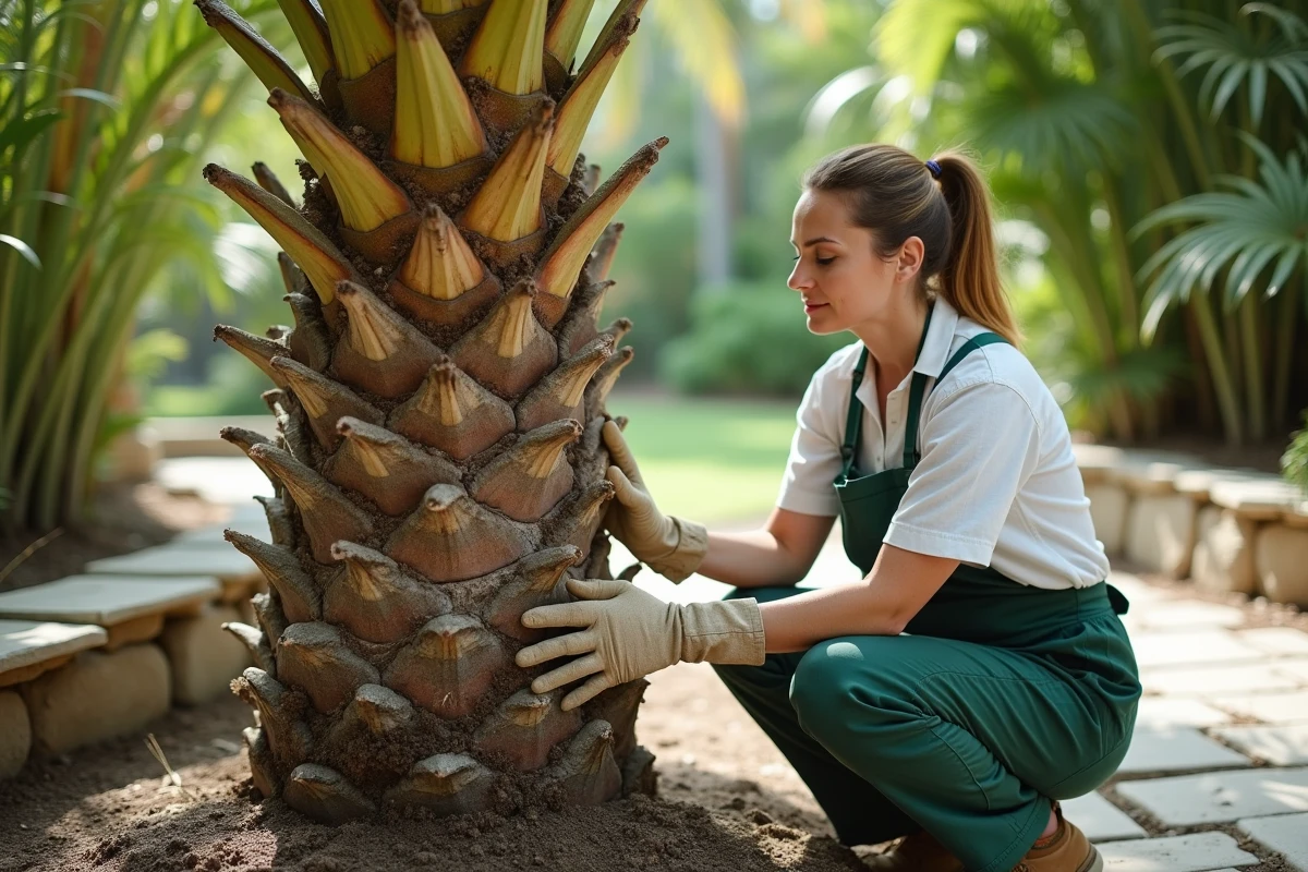 Horticultrice examinant la base d'un palmier jaune malade dans un jardin botanique
