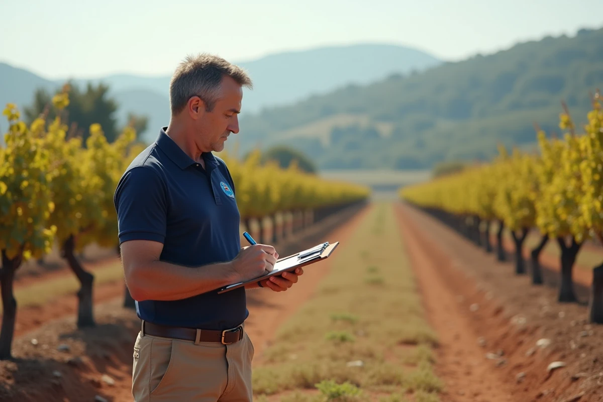Inspecteur agricole français notant des observations devant des mauvaises herbes mortes en bordure de vigne, dans le cadre d'un contrôle réglementaire lié à l'usage non homologué de l'AdBlue comme désherbant