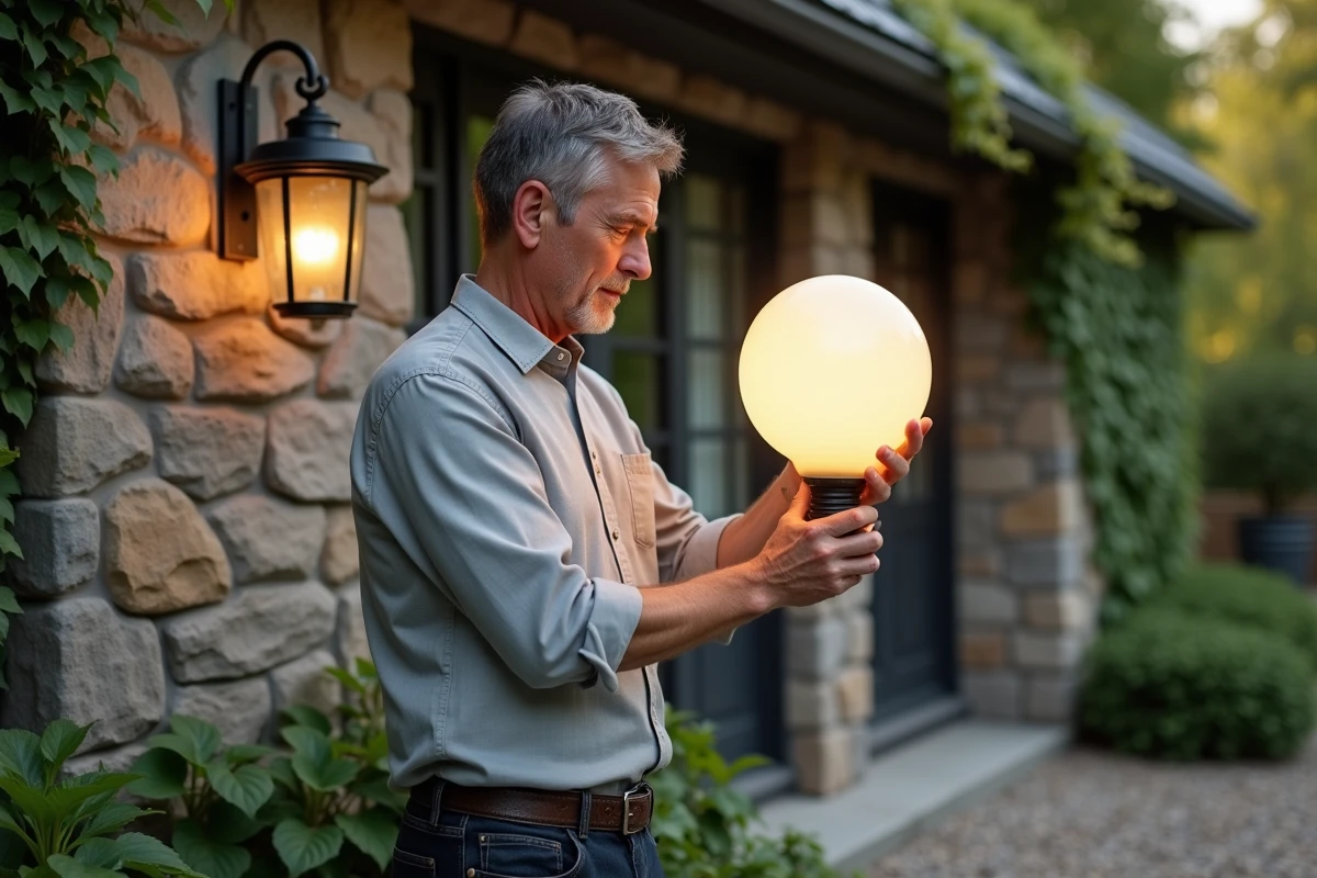 Un homme remplaçant une ampoule boule LED dans une lanterne murale extérieure sur une façade en pierre, illustrant l'installation et la longévité des ampoules LED pour l'éclairage extérieur