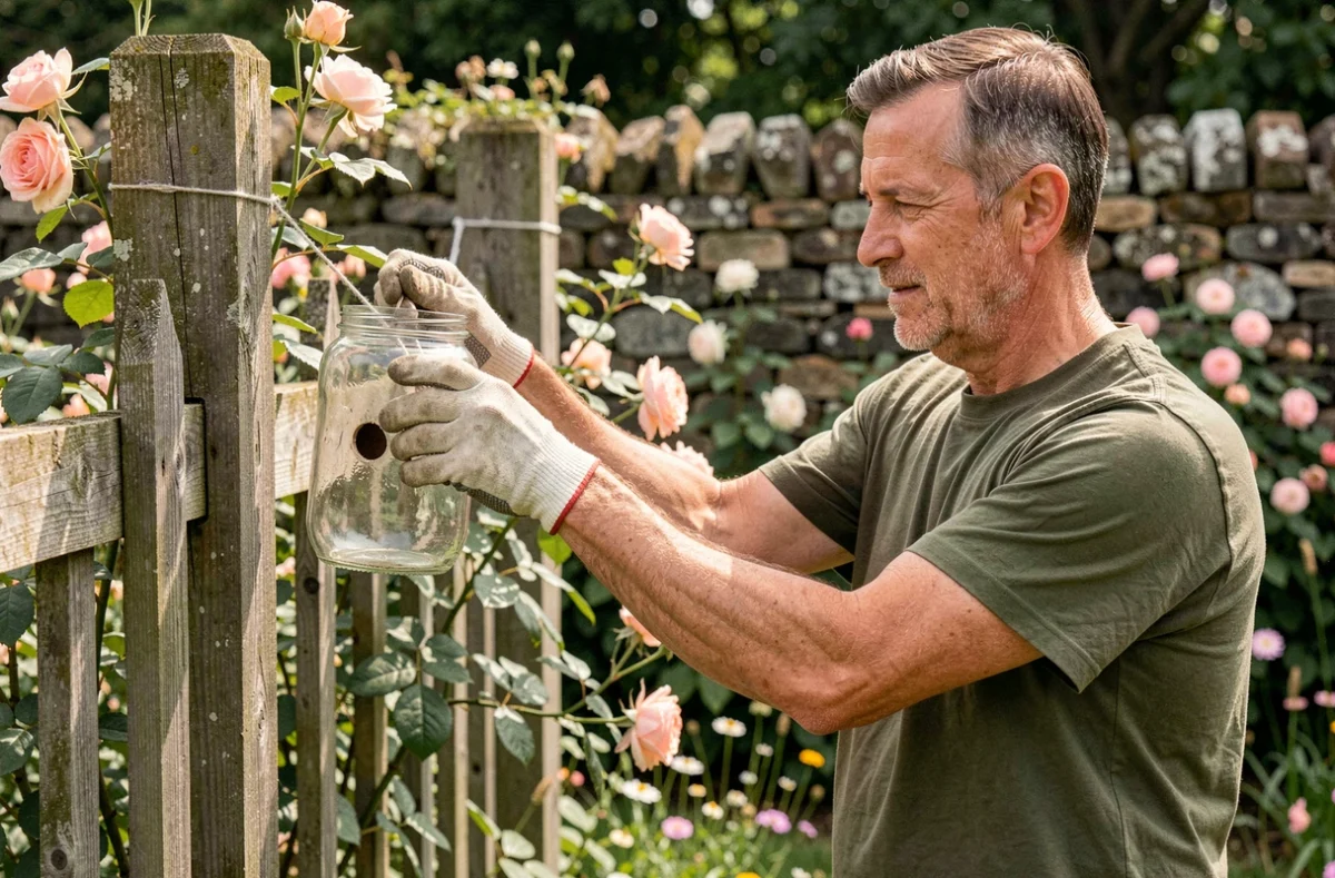 Homme installant un piège à guêpes réutilisable en bocal de verre sur un piquet de clôture dans un jardin