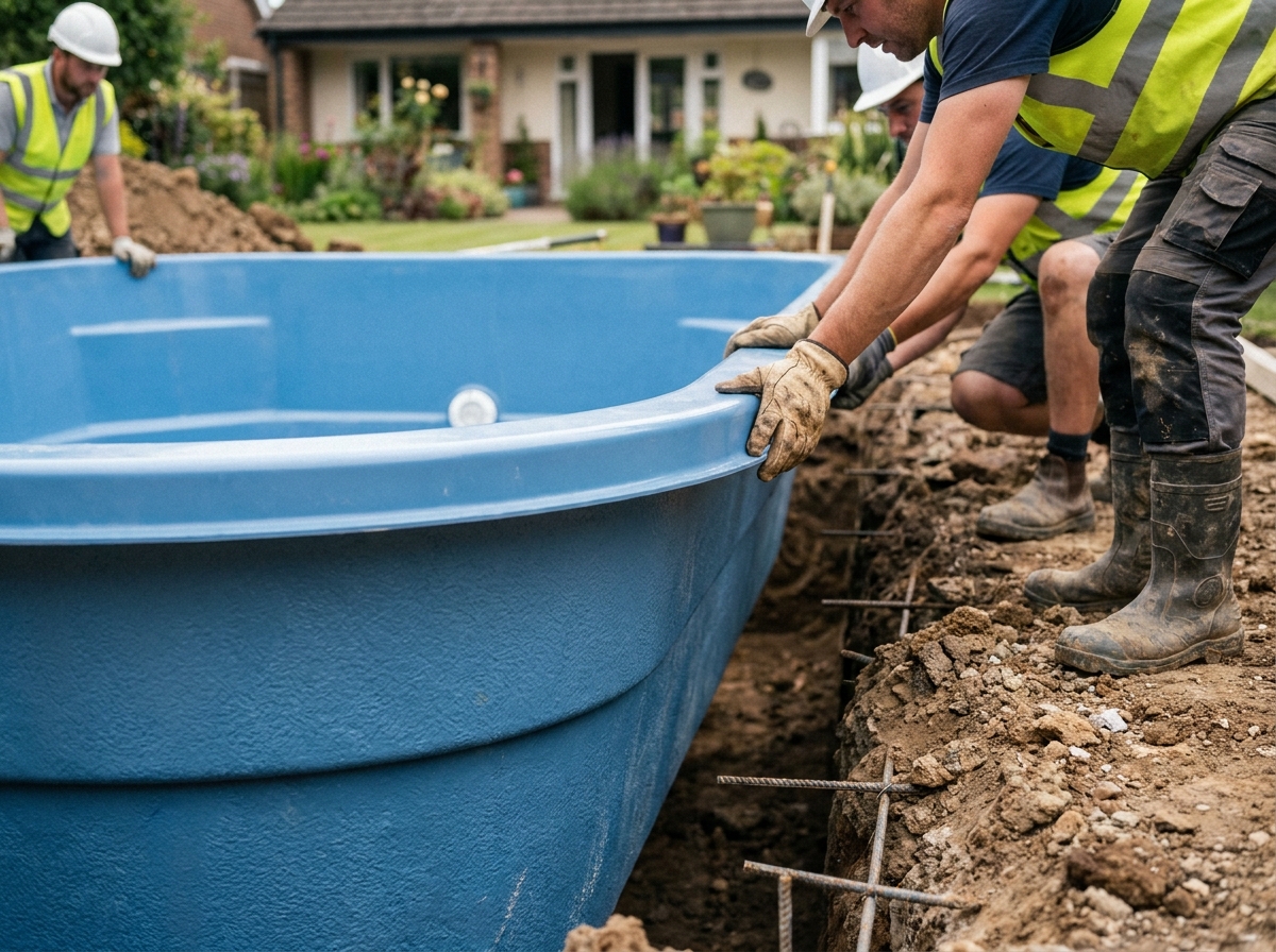Installation d'une piscine coque polyester dans un jardin résidentiel avec ouvriers en action