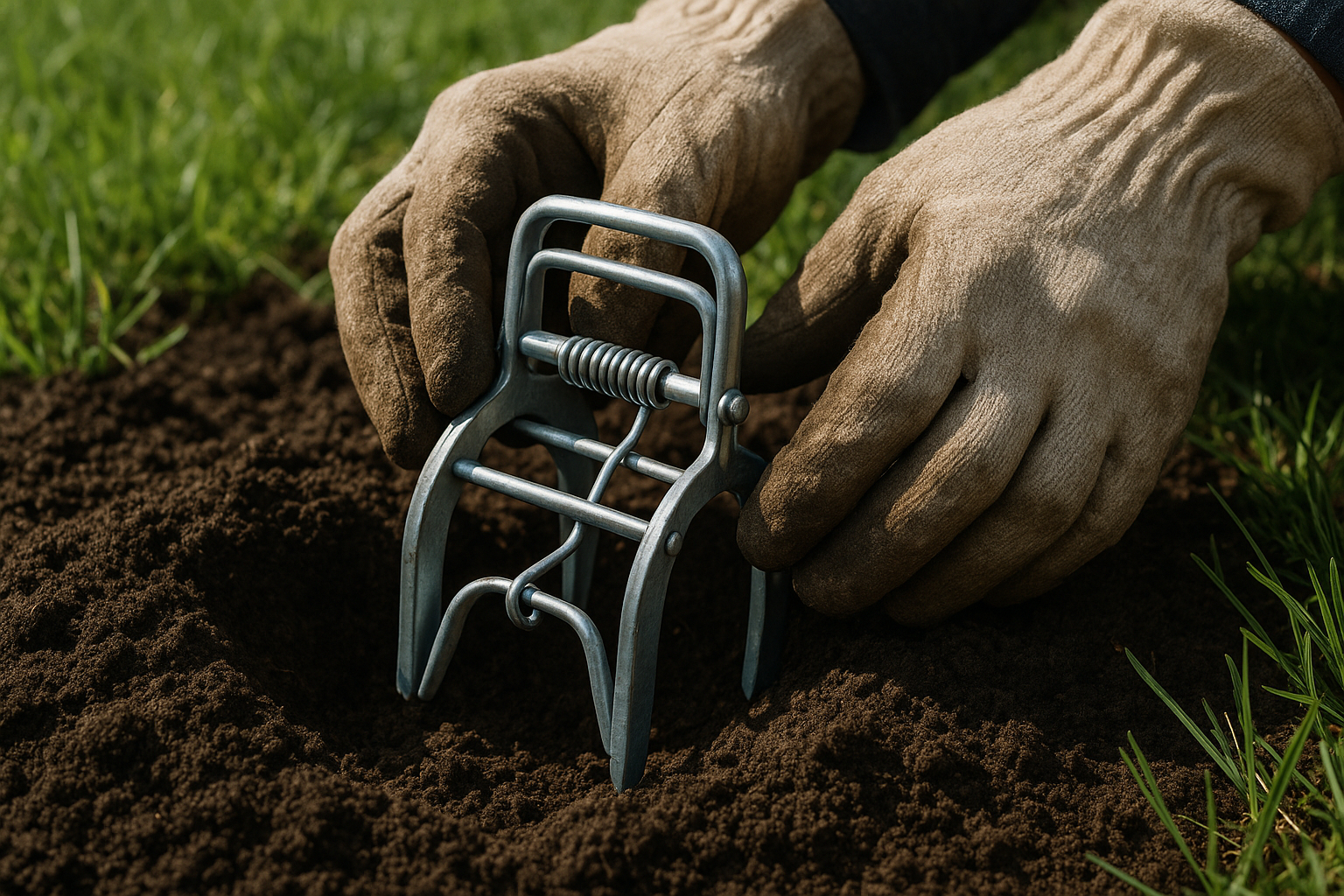 Mains en gants de jardinage installant une trappe a taupe dans la terre douce