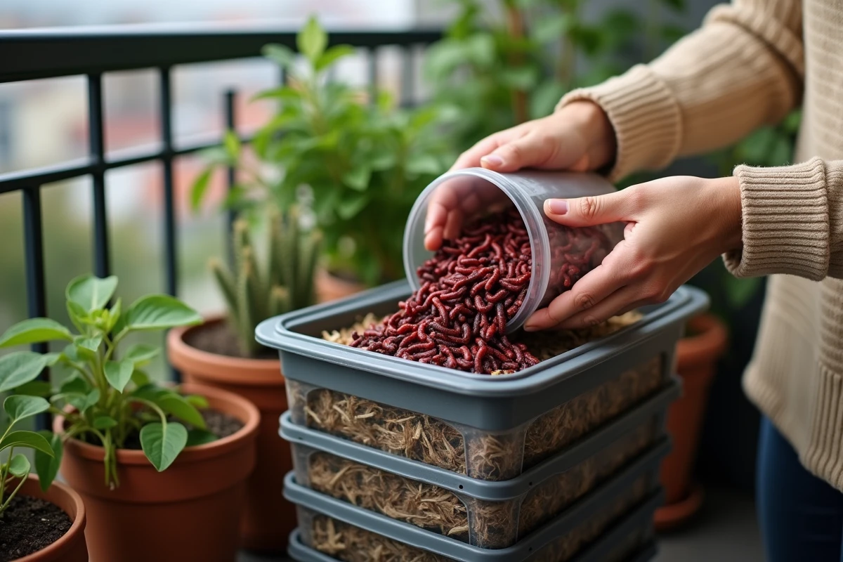 Ajout de vers de compost dans un lombricomposteur urbain sur balcon avec litière en papier journal