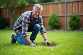 Homme d'âge moyen en jeans et chemise à carreaux arrosant des mauvaises herbes dans un jardin