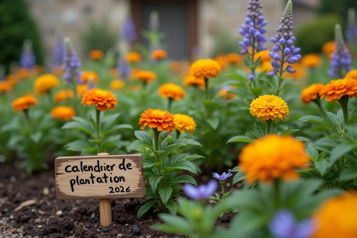 Jardin de cottage français avec des plantes anti mouches comme les soucis et la cataire selon un calendrier de plantation 2026