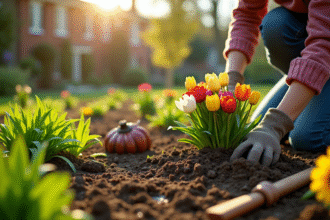 Jardin printanier verdoyant avec personne plantant des fleurs