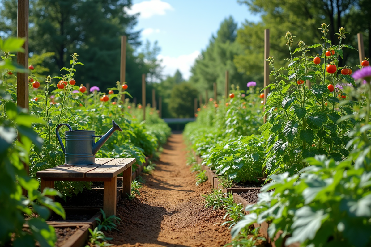 Jardin de légumes en été avec tomates et courgettes