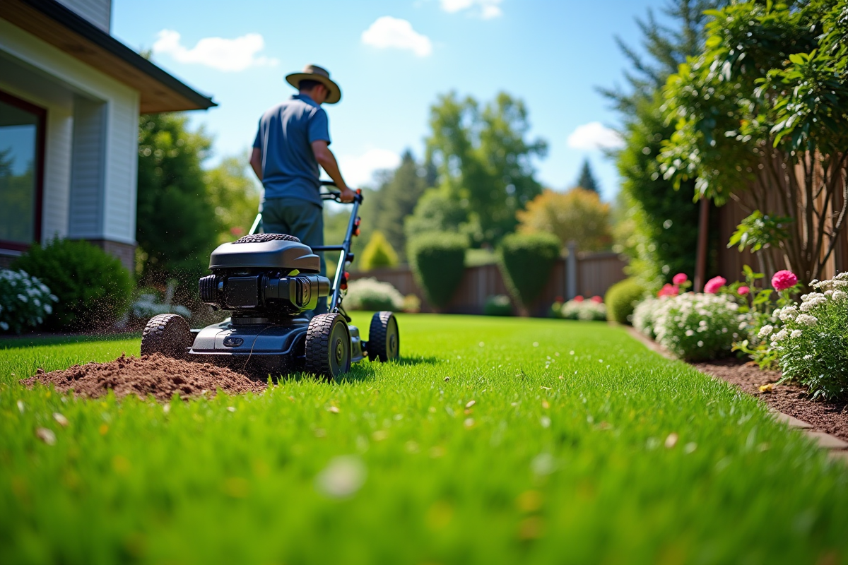 Jardin bien entretenu avec tondeuse moderne et fleurs colorées