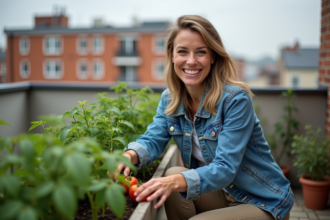 Femme souriante en jardinage urbain sur balcon