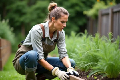 Femme jardinant examine des plantes de dill fanées