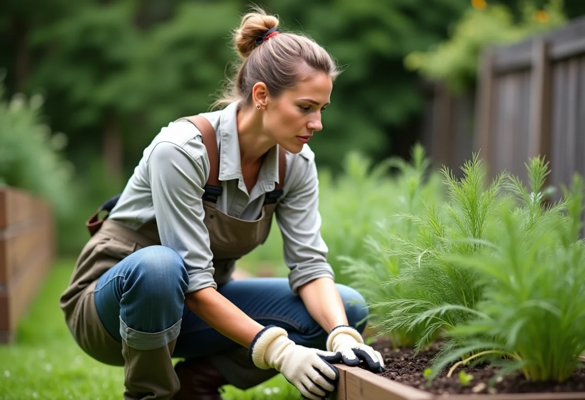 Femme jardinant examine des plantes de dill fanées