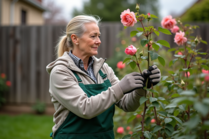 Femme jardiniere soutenant un rosier en pleine floraison