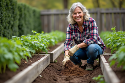 Femme jardinant avec gants et jeans dans un jardin luxuriant