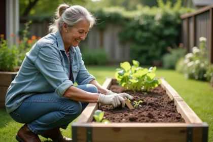 Femme jardinant dans un potager avec terre riche et planche en bois
