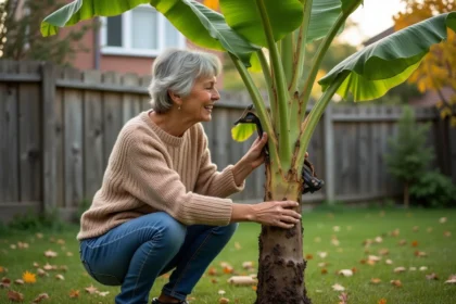 Femme taillant un bananier dans un jardin d'automne