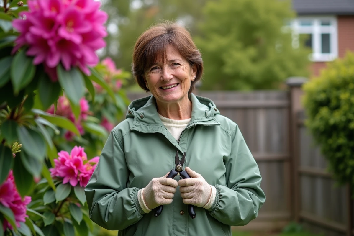 Femme jardinant avec secateurs et rhododendron en fleurs