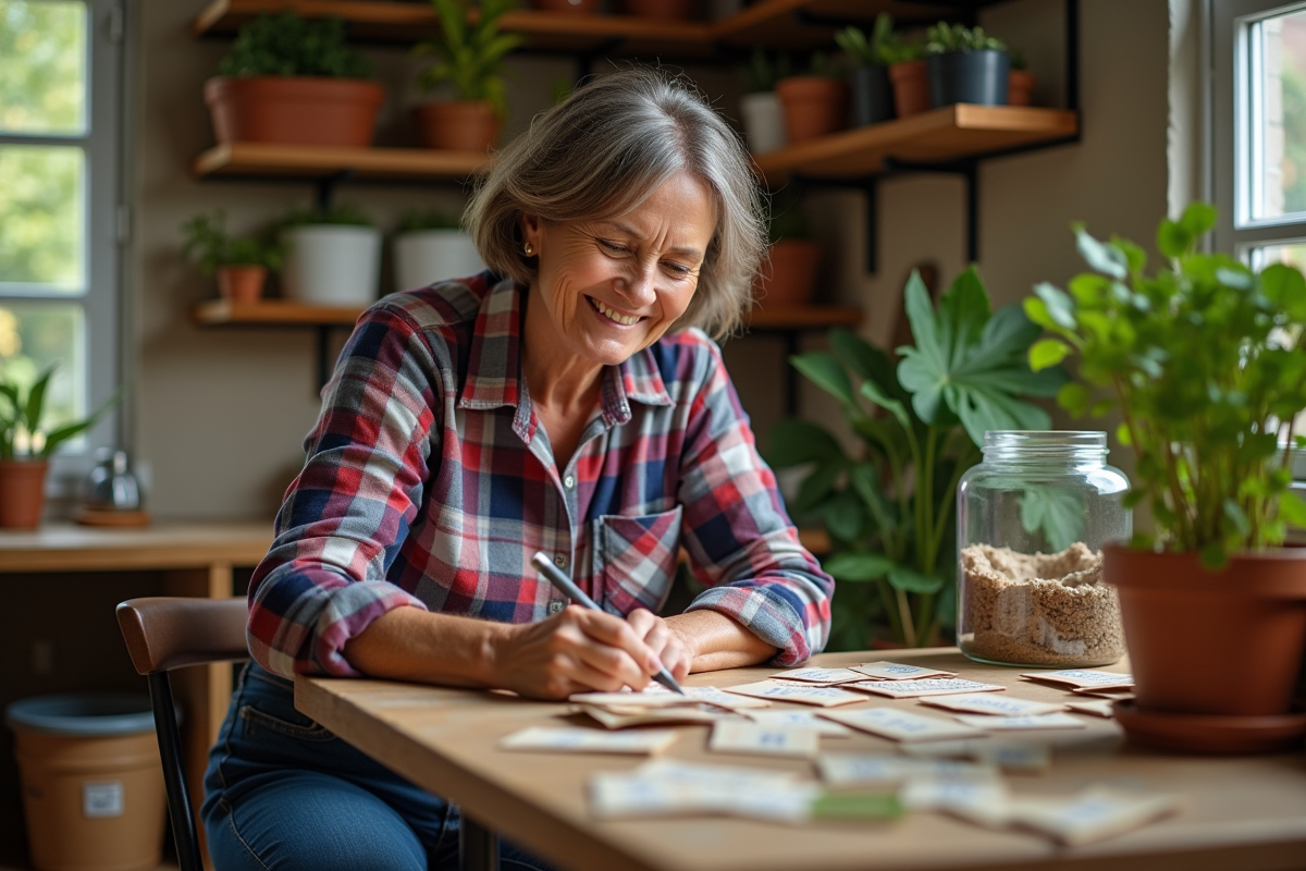 Femme jardiniere triant des sachets de graines à l'intérieur