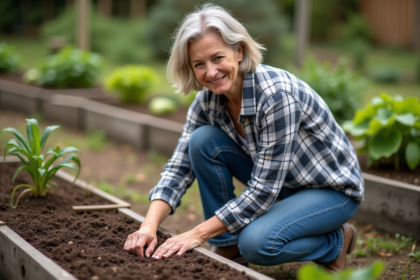 Femme en jeans et chemise à carreaux plantant des graines dans un jardin