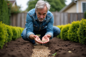 Homme d'âge moyen en tenue de jardinage semant des graines dans un jardin