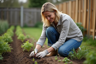Femme d'âge moyen en jardinage semant des carottes