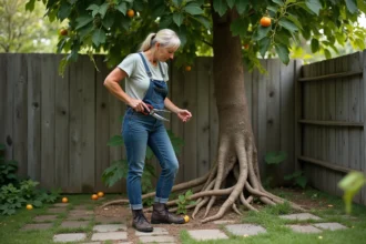 Femme en jardinage avec sécateurs près d'un figuier envahi