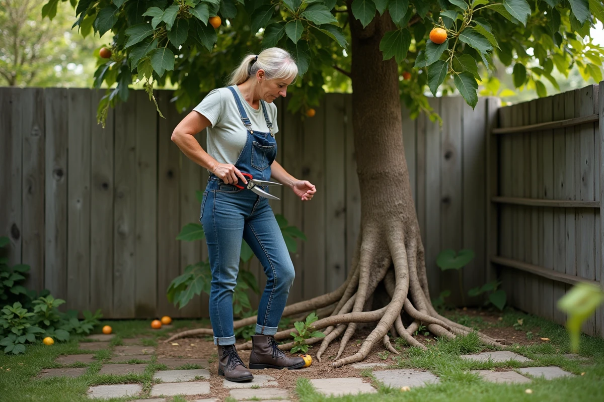 Femme en jardinage avec sécateurs près d'un figuier envahi