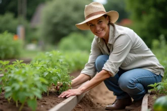 Femme plantant du thym dans un jardin luxuriant