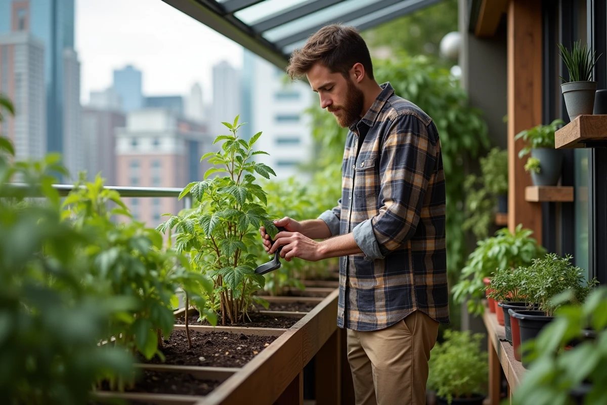 Jeune homme examinant les racines de tomates sur un balcon urbain