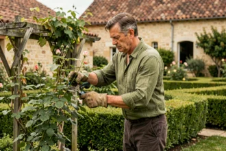 Jardinier professionnel à domicile taillant des rosiers dans un jardin en Gironde, maison bordelaise en arrière-plan