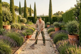 Jardinier professionnel entretenant un jardin méditerranéen en Occitanie avec lavandes et allées en pierre