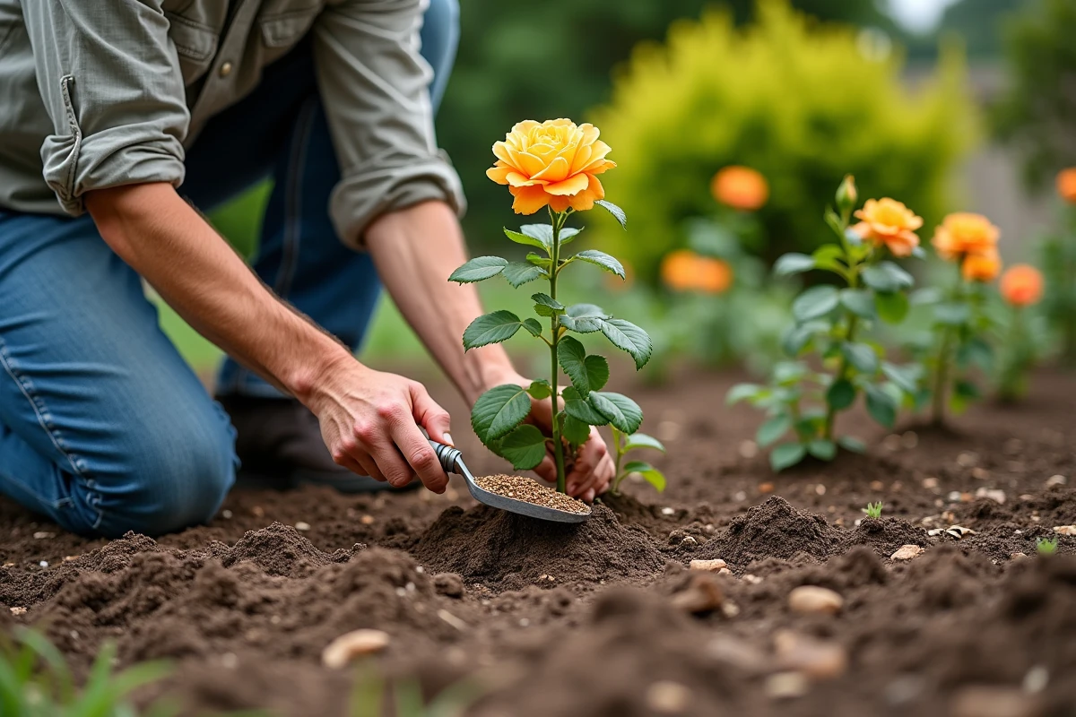 Jardinier apportant de l'engrais au pied d'un laurier rose aux feuilles jaunissantes dans un jardin