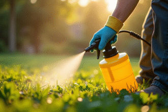 Jardinier appliquant un herbicide dans un jardin verdoyant