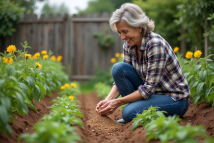 Femme jardinant dans un potager en fertilisant des tomates