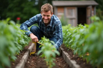 Homme jardinier mesurant des plants de tomates jeunes dans son jardin