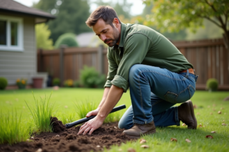 Homme jardinier en train de ratisser du gazon en jardin résidentiel