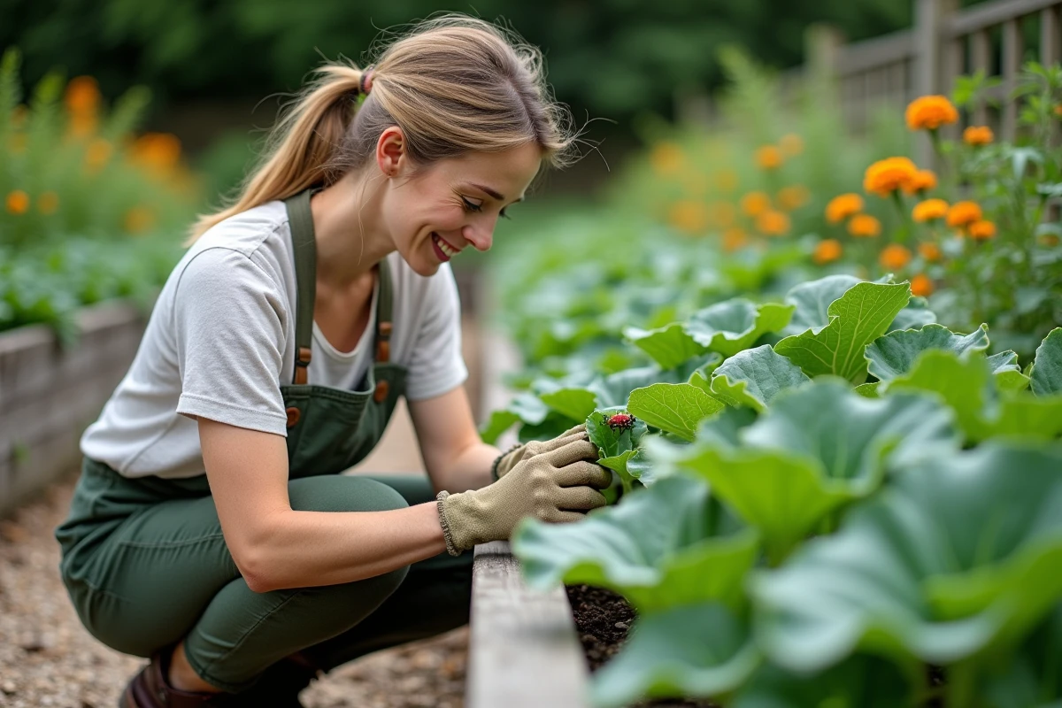 Jardinière observant une chrysope prédatrice sur des légumes du potager pour lutter naturellement contre les chenilles vertes